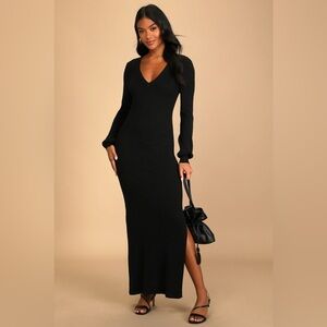 Lulu’s Black Ribbed Knit Long Sleeve Maxi Sweater Dress, Medium